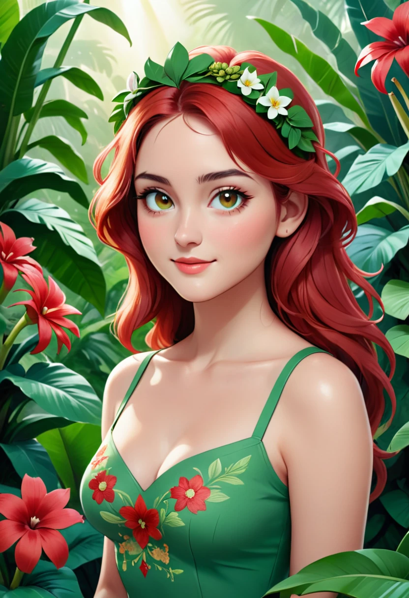 In the image, there is a young woman with long, wavy red hair. She is wearing a green top with a floral embroidery on the chest. The woman has a gentle expression on her face and is looking directly at the camera. She is adorned with a small floral crown or headband, which adds to the natural and serene atmosphere of the photo.

The background is lush with greenery, featuring a variety of plants and flowers, including what appears to be a banana plant and some vibrant red flowers. The lighting suggests it might be a sunny day, and the overall composition of the image gives it a peaceful and organic feel. The woman's attire and the floral elements in the image evoke a sense of harmony with nature.