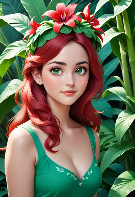 In the image, there is a young woman with long, wavy red hair. She is wearing a green top with a floral embroidery on the chest....