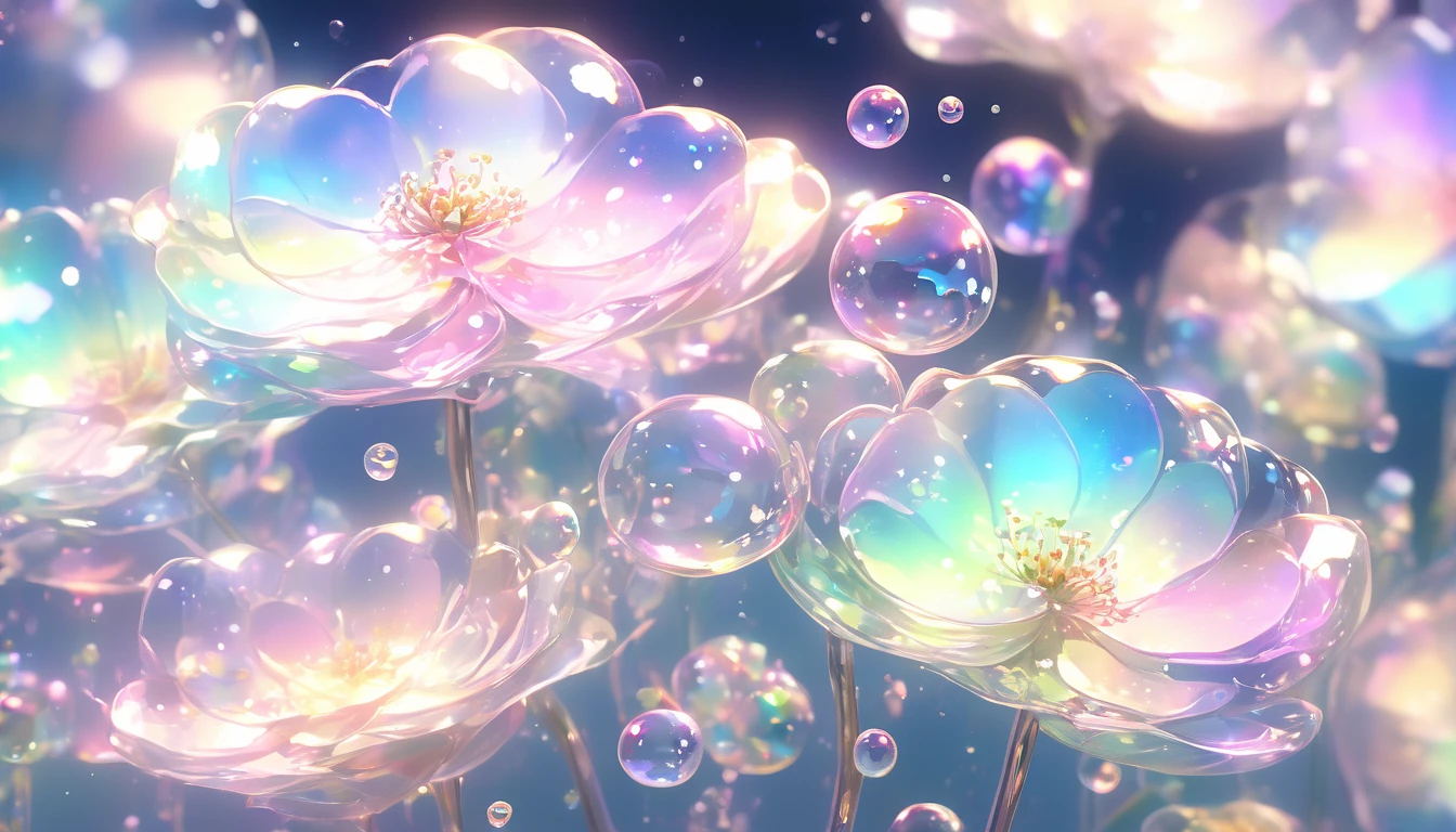 Reflection and mirror styles，Transparent light pink，Shimizu，White soap bubbles，Bokeh photos，fantastic colors, close up, light refracted into water, reflections transparent iridescent colors,Soft lighting/ Soft lighting, High Detail, Ultra HD,（There are several transparent flowers floating on the water），Colorful light refracts onto the petals，Crystal texture