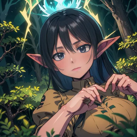 Delve into the heart of the forest with a photo of a captivating game character, a woodland elf with ebony black hair and alabas...