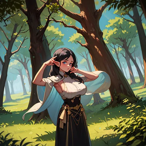 delve into the heart of the forest with a photo of a captivating game character, a woodland elf with ebony black hair and alabas...