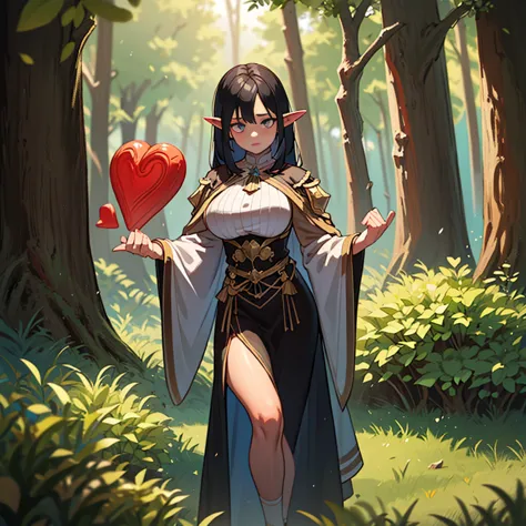 delve into the heart of the forest with a photo of a captivating game character, a woodland elf with ebony black hair and alabas...