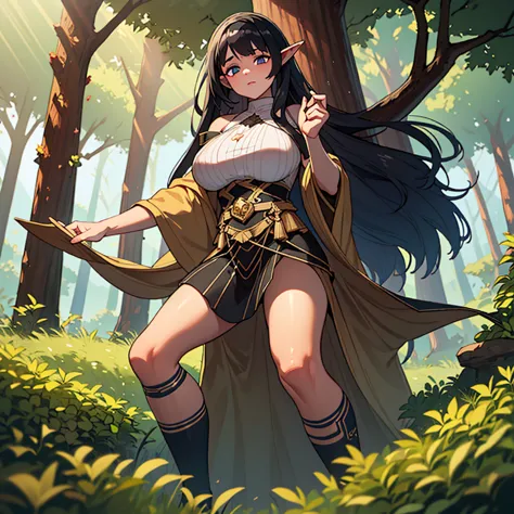 delve into the heart of the forest with a photo of a captivating game character, a woodland elf with ebony black hair and alabas...