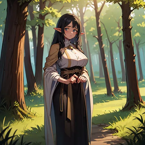 Delve into the heart of the forest with a photo of a captivating game character, a woodland elf with ebony black hair and alabas...