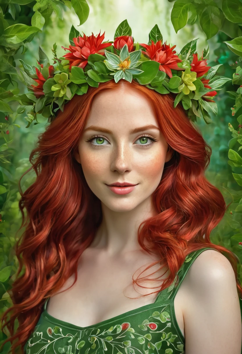 The image depicts a digital art portrait of a young woman with vibrant red hair. She is adorned with a crown of red flowers, adding a touch of nature to her appearance. Her eyes are a striking green, and she has a gentle smile on her face. She is wearing a green top with a floral pattern, which complements the floral crown. The background is lush with green foliage, creating a harmonious blend of colors and textures. The overall composition of the image suggests a theme of nature and beauty, with the woman appearing as a character from a fairy tale or a fantasy story. The artwork is highly detailed and showcases a high level of skill in digital artistry.