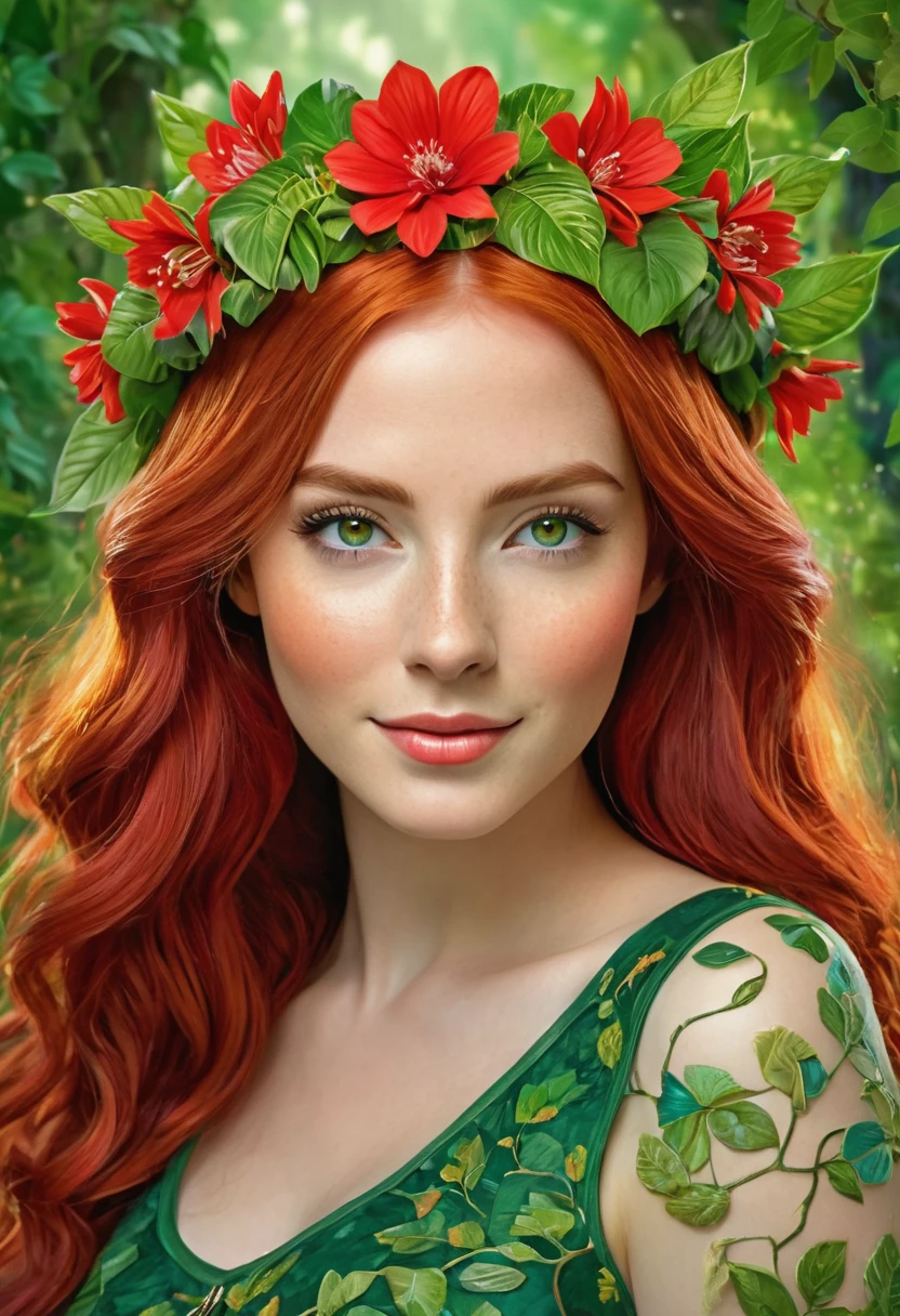 The image depicts a digital art portrait of a young woman with vibrant red hair. She is adorned with a crown of red flowers, adding a touch of nature to her appearance. Her eyes are a striking green, and she has a gentle smile on her face. She is wearing a green top with a floral pattern, which complements the floral crown. The background is lush with green foliage, creating a harmonious blend of colors and textures. The overall composition of the image suggests a theme of nature and beauty, with the woman appearing as a character from a fairy tale or a fantasy story. The artwork is highly detailed and showcases a high level of skill in digital artistry.
