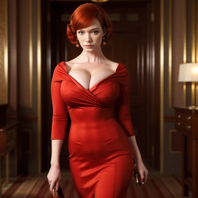 chr1sh3n como Joan Holloway, vestido de coctel rojo, escote, cabello rojo, manos perfectas, constituir, en sus 20, Cristina Hendricks, juvenil, sexy, de pie, 