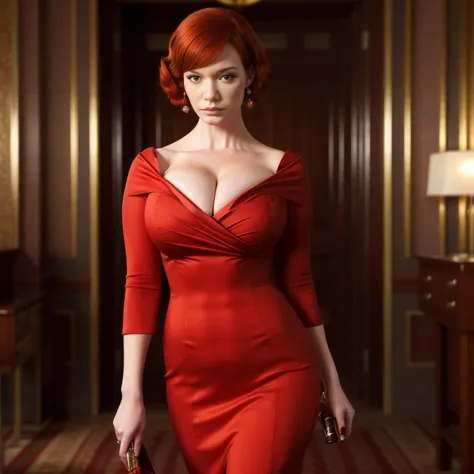 chr1sh3n as Joan Holloway, red cocktail dress, cleavage, red hair, perfect hands, make-up, in her 20's, Christina Hendricks, you...