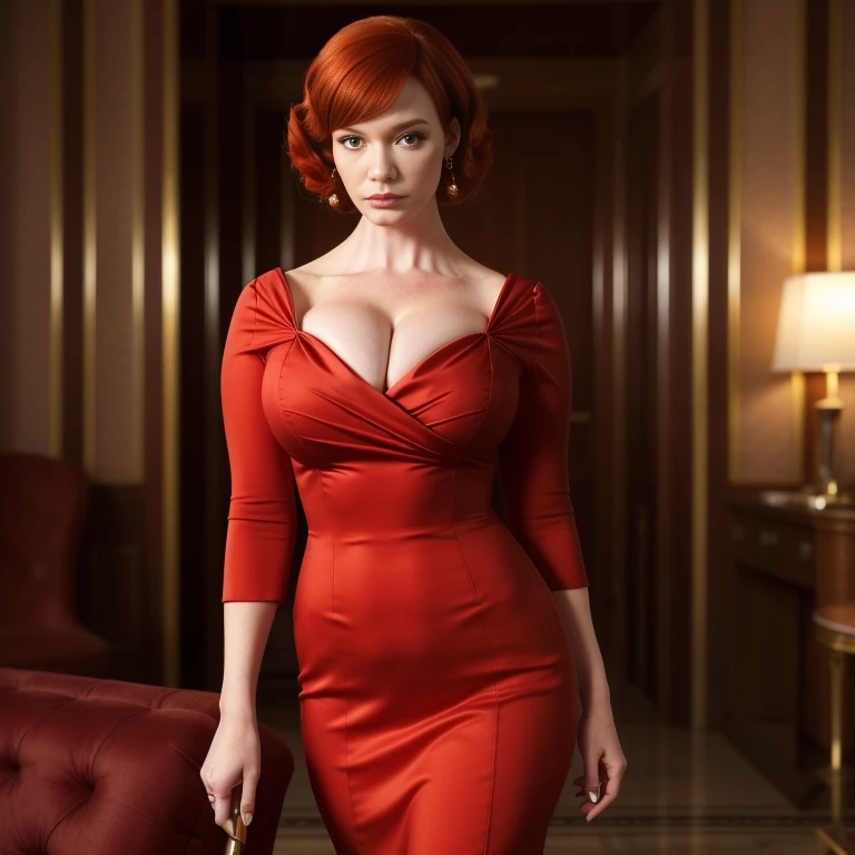 chr1sh3n como Joan Holloway, vestido de coctel rojo, escote, cabello rojo, manos perfectas, constituir, en sus 20, Cristina Hendricks, juvenil, sexy, de pie, 