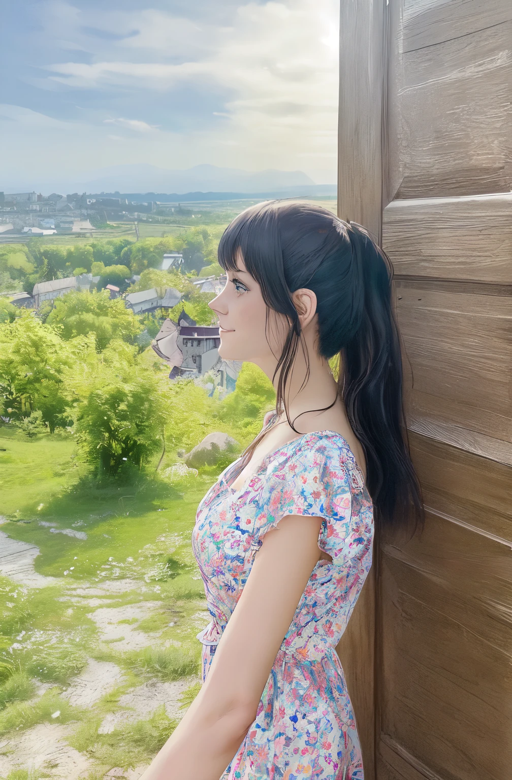 日本卡通, 特點, 一個女孩站在一扇木門前，俯瞰著小鎮, 瀏海美女, 烏克蘭女孩, 瀏海長髮, 在村裡, 背景美麗的景色, 側面肖像, 头部轮廓, 微微一笑, 穿著夏日淺色花朵連身裙, 後面綁馬尾的頭髮