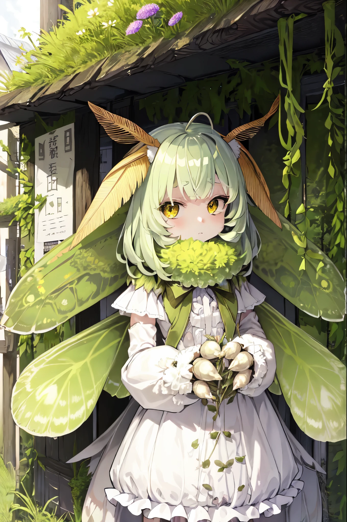 Anime girl with green hair and green wings holding a flower - SeaArt AI