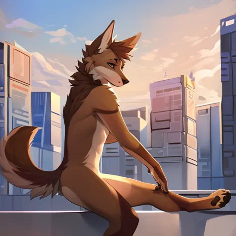 Solo, male, furry art, fursona, ((canine)), (((brown primary fur))), white secondary, (perky ears), cool pose, city background, ...
