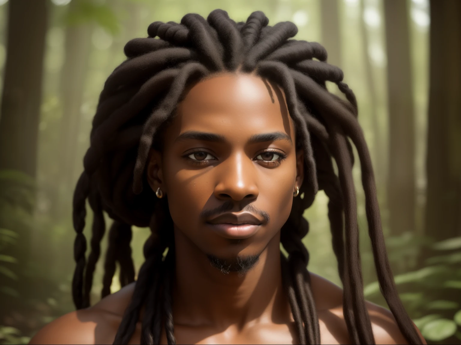 Arafed man with dreadlocks in a forest looking at the camera - SeaArt AI