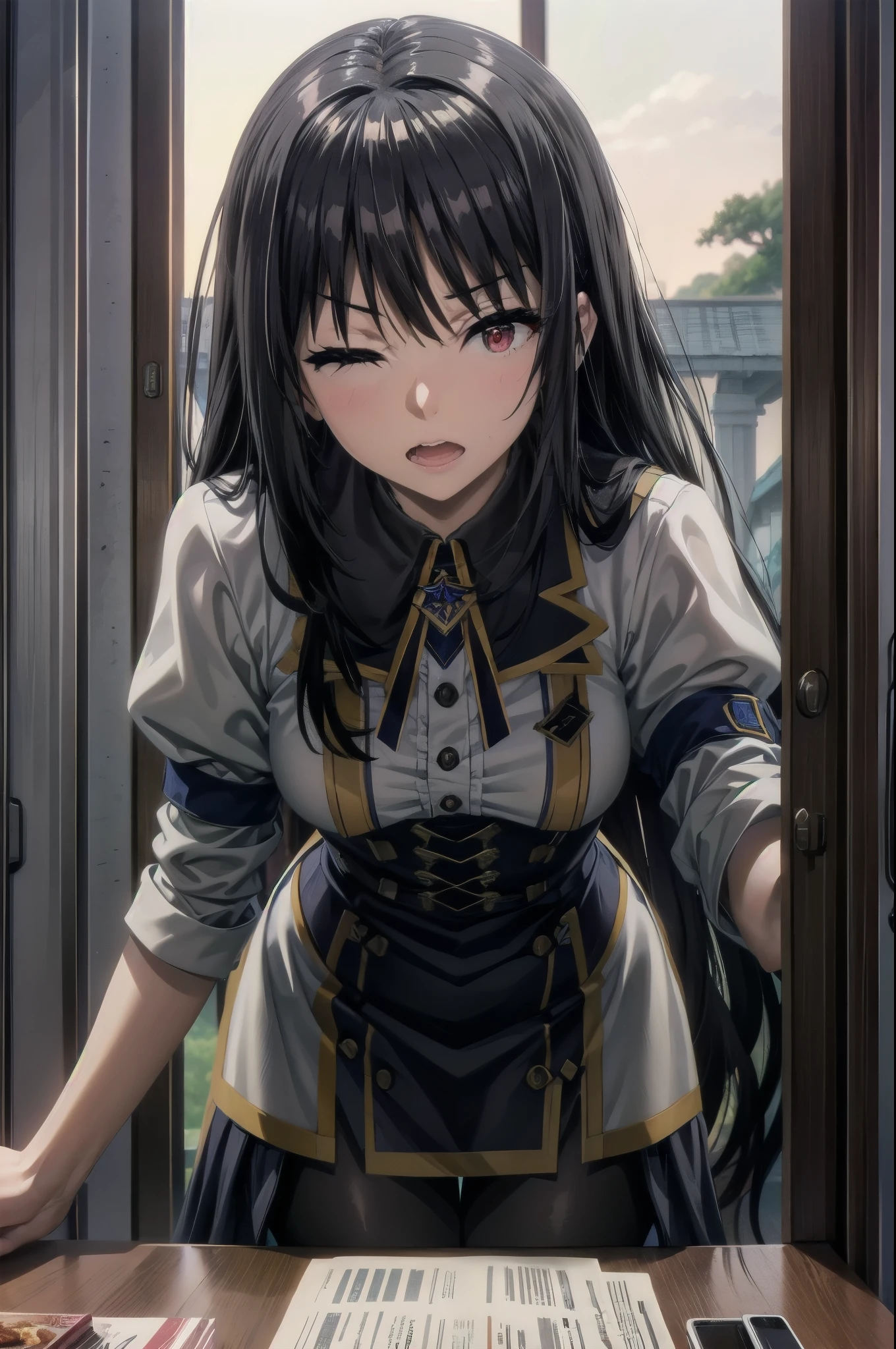 Anime girl with long black hair and a white shirt standing in front of a  window - SeaArt AI