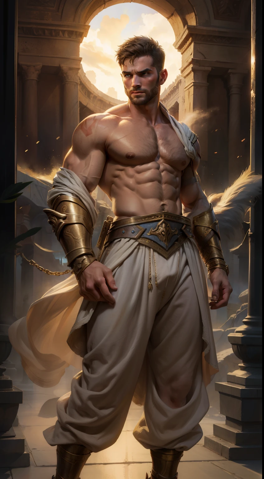 técnica de claro-escuro na ilustração impressionista de um masculino, Modelo masculino Panteão, lindo romano, ele é o deus da guerra, he is Ares, Marte, cor do mal, olhar forte, olhos azuis claros, queixo forte, vestido como um gladiador, gladiador antigo, saia gladiadora masculina, pintura fosca, por Harumi Hironaka, cores extremamente suaves, vibrante, pastel, Altamente detalhado, arte digital, Alto contraste, dramático dourado, refinado, tonal, um íntimo, ano dourado 