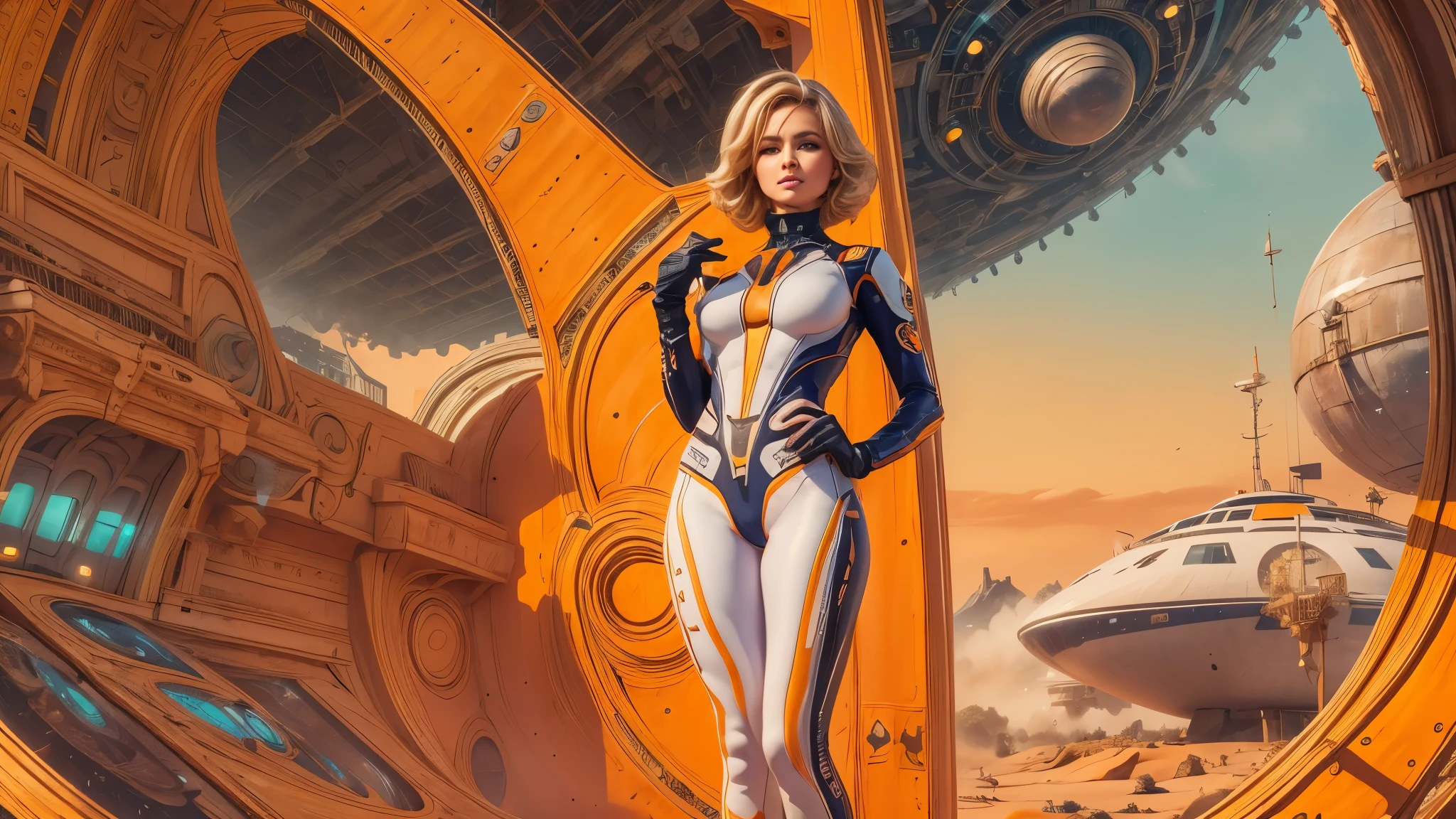 image arafée d&#39;une femme blanche dans un costume futuriste avec un vaisseau spatial en arrière-plan, art du cinéma, devant un fond orange, inspiré par Robert McGinnis, protagoniste féminine, mégastructure en arrière-plan, portrait d&#39;un astronaute IA, astronautes, un astronaute, portrait d&#39;un squelette d&#39;astronaute, fille androïde parfaite, yeux détaillés, dents parfaitement détaillées, Frank Franzzeta et Sakimichan  