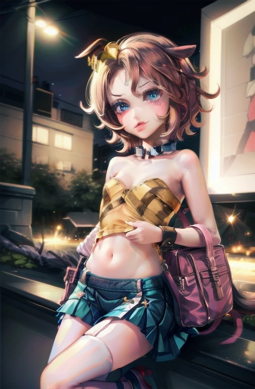 1girl,solo,(shiny clothes),(pink strapless),tight dress, midriff,pencil skirt,highleg,green skirt, twintails, (loli:1.8),eyelashes, (makeup:1.4),(lipstick:1.4), (night:1.3), flat chest, pink eyes, blonde hair, smirk, alley,against wall, partially visible vulva, navel, legs apart, cleft of venus,shoulder bag, high heels, animal collar, facing viewer,