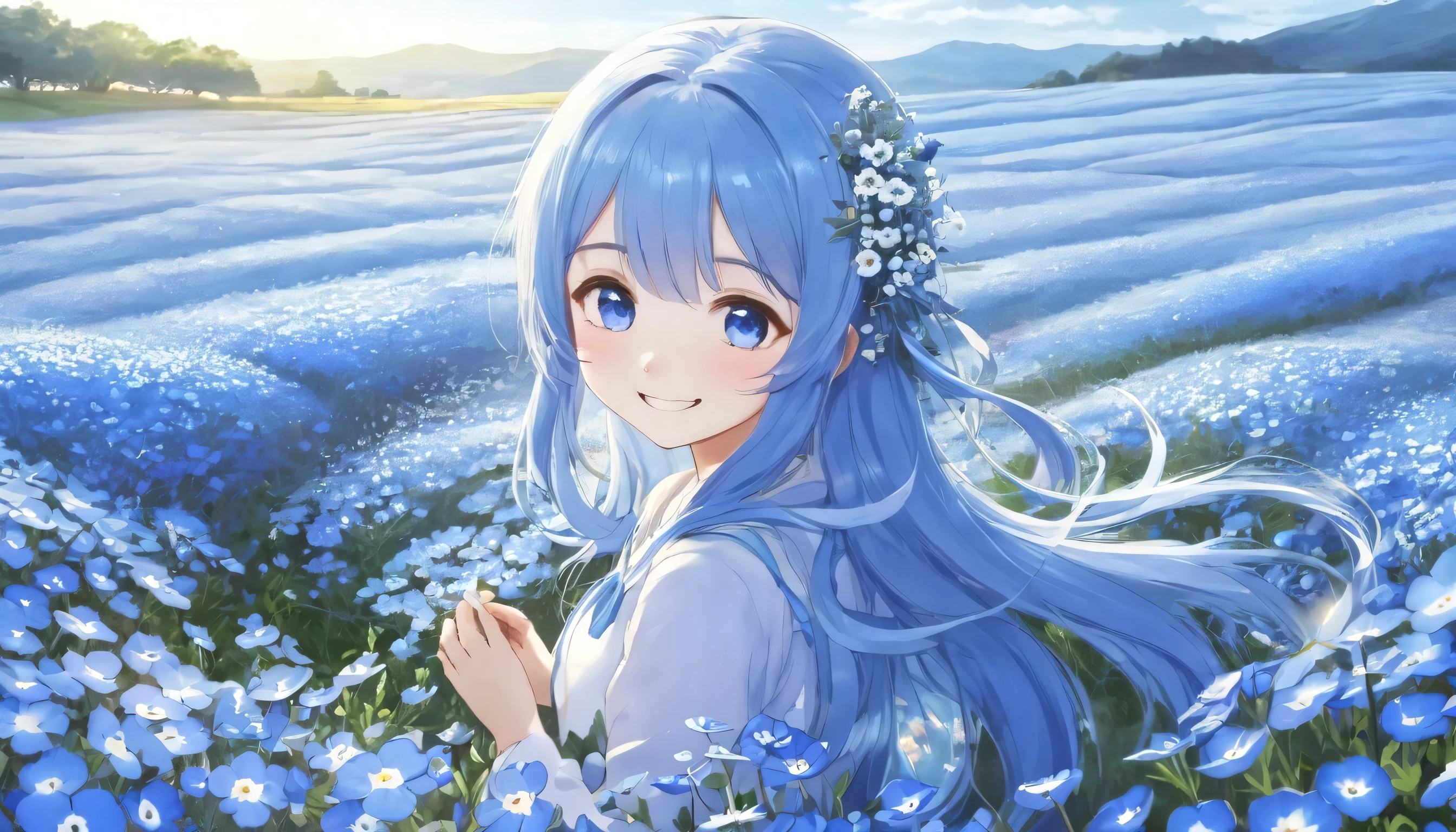 Un hermoso campo de flores azul claro de nemophila。chica de pelo largo。sonrisa。