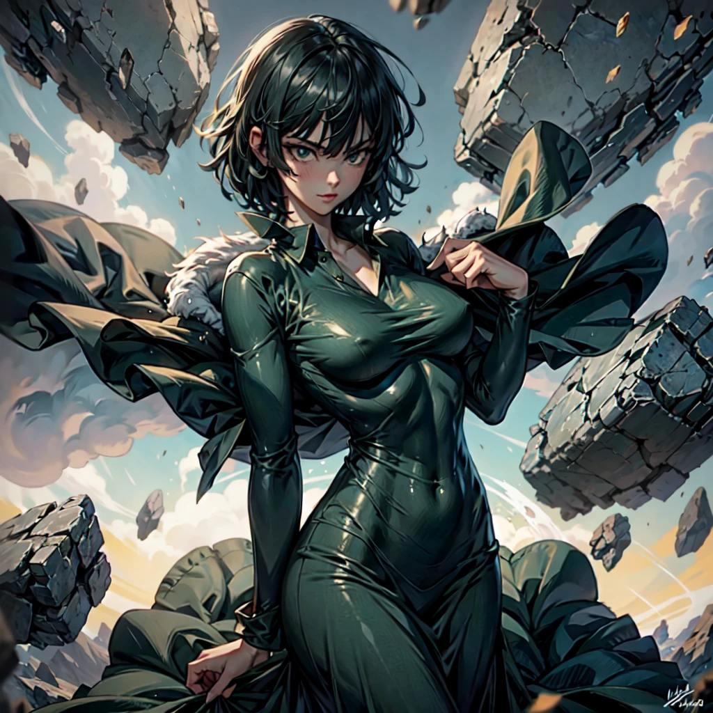 Anime art style, Fubuki from one punch man, green hair, white skin, wearing V-neck dress, flying over destroyed rock, cinematic lights, blushing cheeks, ligth smiling, detailed small breast, wide hips, NSFW, cowboy shot.