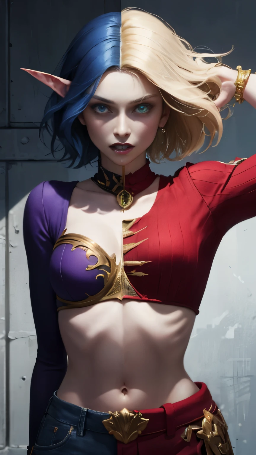 (Masterpiece, highly detailed, highly quality, highly resolutions), beautiful, Line down the middle, multicolored hair, voidelf, SplitScreen, splitscreen, 1girl, short hair, mad, clenched teeth, pants, blue hair, purple eyes, colored skin, blue skin, purple midriff, gold trim, crop top, blue sleeve, navel, looking at the viewer, shadow theme, close-up, bloodelf, SplitScreen, splitscreen, 1girl, short hair, mad, clenched teeth, pants, blonde hair 1.2, green eyes, pale skin, red midriff, gold trim, crop top, red sleeve, navel, look at the viewer, light theme, close-up