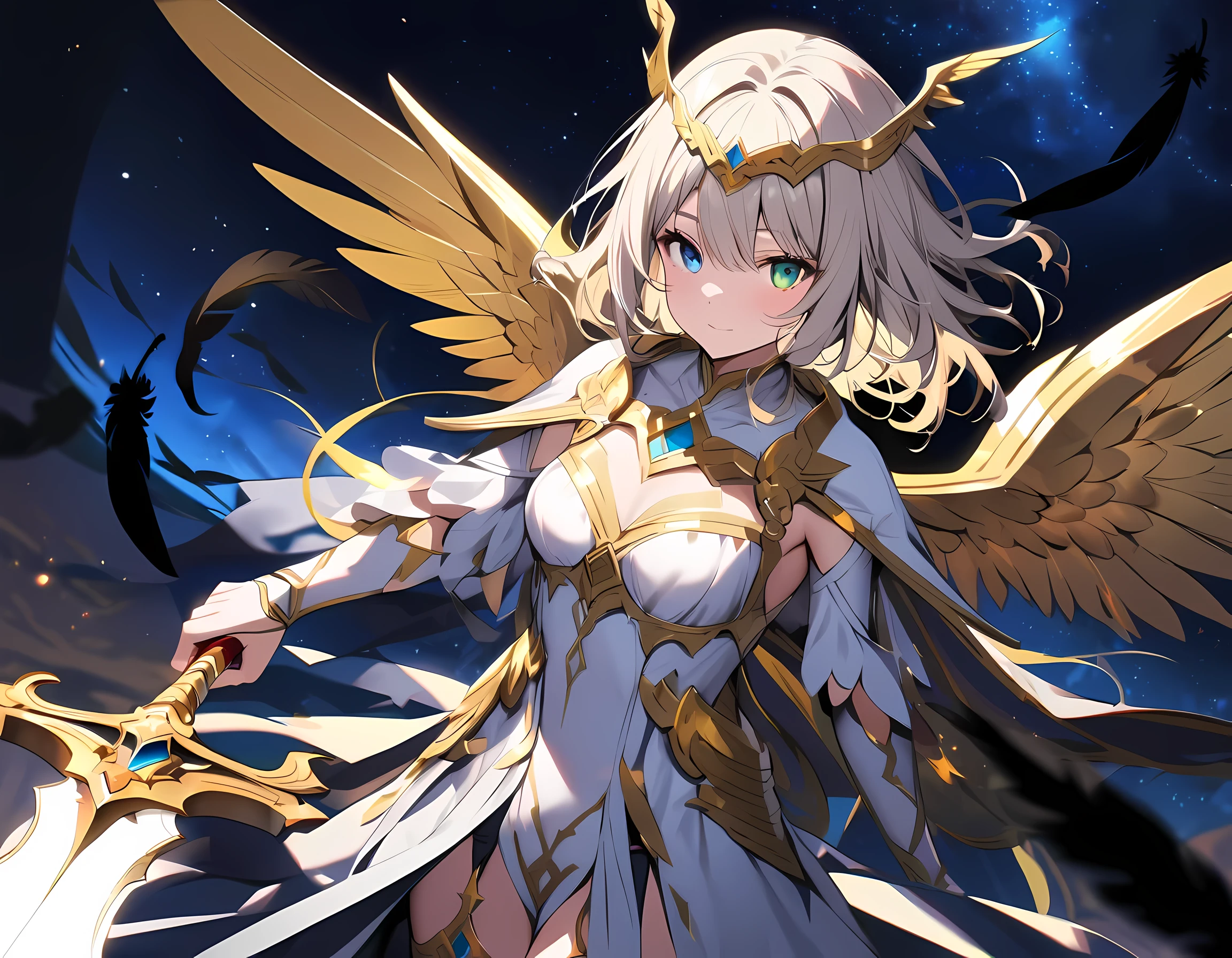 Mira has wavy silver hair with blonde highlights. Her heterochromia eyes, red on the left and blue on the right. She holds a holy sword in her left hand and a shadow blade in her right. She is wearing clothes bestowed by the gods as her ascension into a valkyrie goddess, flying through the night sky with her wings colored black and white as floating angel and black feathers cover the sky.