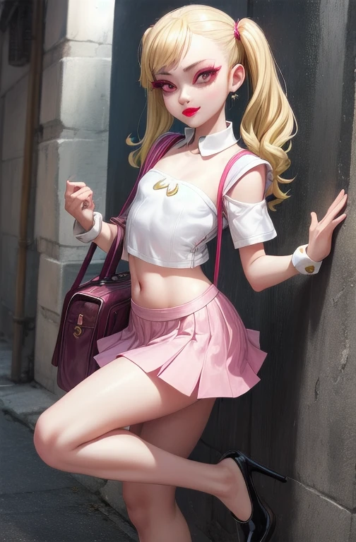 1girl,solo,(shiny clothes),(pink strapless),tight dress, midriff,pencil skirt,highleg,green skirt, twintails, (loli:1.8),eyelashes, (makeup:1.4),(lipstick:1.4), (night:1.3), flat chest, pink eyes, blonde hair, smirk, alley,against wall, partially visible vulva, navel, legs apart, cleft of venus,shoulder bag, high heels, animal collar, facing viewer,
