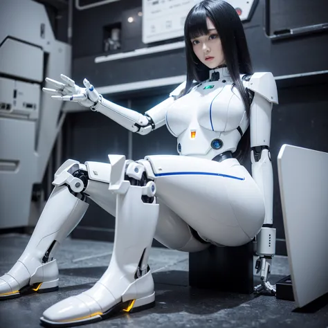 masterpiece, best quality(:1.2), extremely ultra detailed, japanese android girl,plump,control panels,squat,mechanical hand,robo...