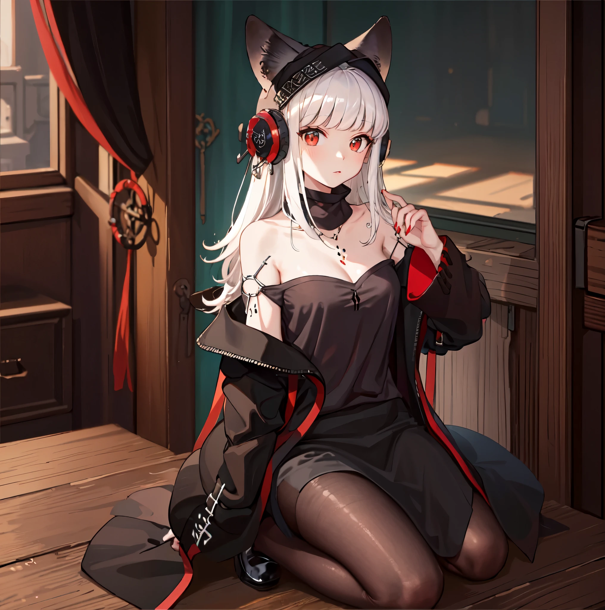 Anime girl with white hair and black dress sitting on floor - SeaArt AI