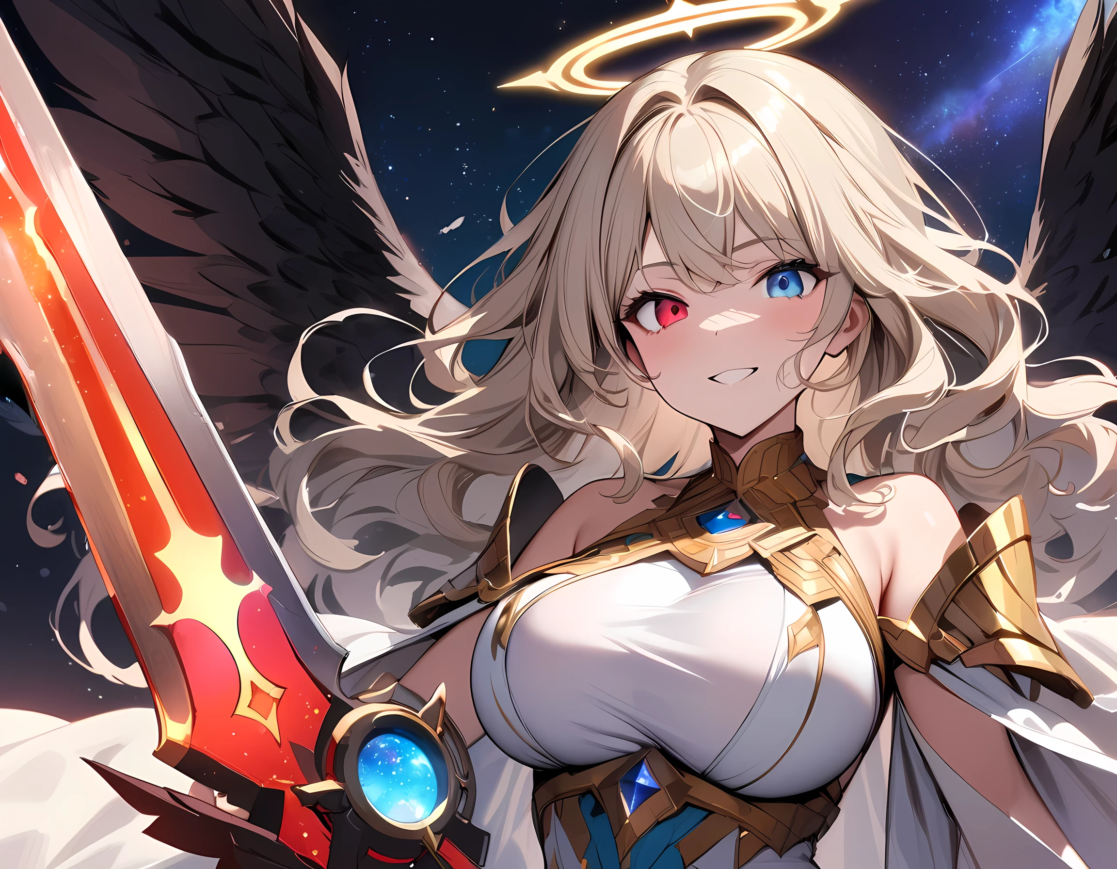 (masterpiece), best quality, expressive eyes, perfect face,1girl,big breasts,platinum blonde hair,wavy hair,(heterochromia,left red eye,right blue eye),holding weapon,holy sword,shadow sword,divine clothes,valkyrie goddess,black and wing wings, black feathers cover the sky,bright galaxy night,glowing halo,confident smile