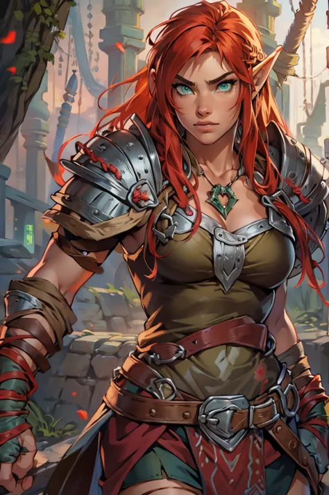 ((8k, masterpiece, very detailed)) Female barbarian elf, red hair, small breasts ((athletic body)), light leather armor, leather...