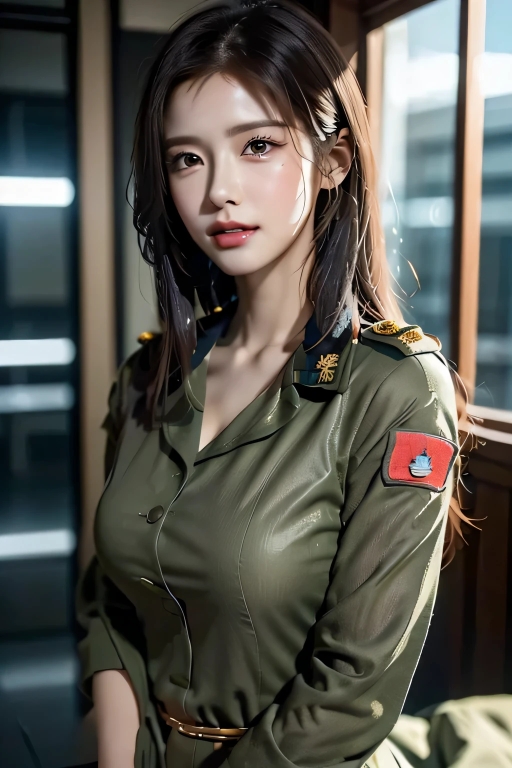 (((Female Soldier:1.3))),(((Beautiful woman in military uniform standing in a destroyed cyber city of the future:1.3))),Close-up,Open jacket,Chest slip(Reddish brown wet shiny short messy hair),round face,Blushing cheeks,Pointed red mouth,big breasts,Emphasize the chest,Perfect body curves,Beautiful clavicle、Wet Hair,Wet Face,Wet body,Wet Skin,Wet costume,Detailed clothing features,Detailed hair features,Detailed facial features,Looking at the camera,(Dynamic angles),(Dynamic and sexy pose),Cinematic Light,(Mastepiece,highest quality,Ultra-high resolution output images,Depth of written boundary,Intricate details,Make the subject three-dimensional with the contrast of light and shadow,) ,Digital illustration,Single-lens reflex camera, (Photorealistic:1.3),(8k quality,Anatomically correct facial structure,),(Sea Art 2.0 mode:1.3),(Image Mode Ultra HD,)