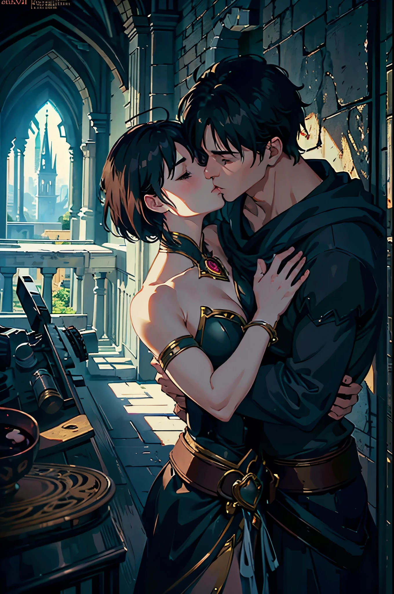 official art, unity 8k wallpaper, ultra detailed, beautiful and aesthetic, High quality, beautiful, masterpiece, best quality, a male muscular warrior arm veins, kissing a princess, (kissing), hugging, romantic, love, fantasy, castle