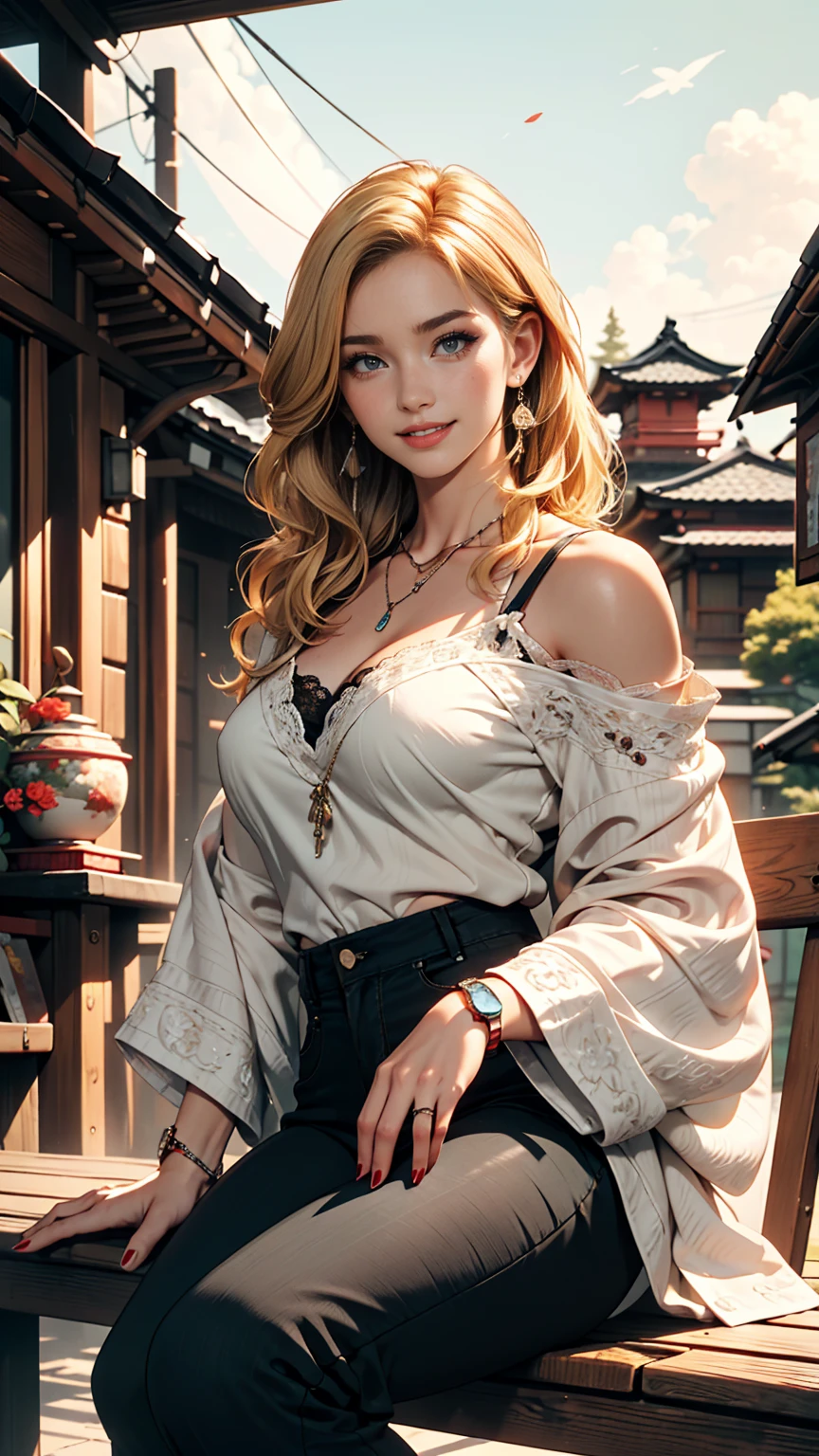 blonde hair, gradient hair, hair over shoulder, hair behind ear, longeyelashes, light smile, Surrealism, depth of field, atmospheric perspective, foreshortening, UHD, anatomically correct, highres, 16k、
((最high quality, 8K, masterpiece: 1.3, Ultra HD, high quality, 最high quality, High resolution, realism)) 、(High saturation:1.0), (Highly detailed skin), (最high quality:1.0), (超High resolution:1.0) ,(Realistic:1.0), (Very detailed:1.0), (8K, Raw photo:1.1), slender、I want my head to stay off screen、Wear accessories on your wrist、Wearing red nail polish、I have a peticure、2 Caucasian female、Platinum Blonde、blue eyes、long hair、Hair above one eye、smile、Wearing lace-decorated tops that show off your cleavage、side panel pants((side panel pants))Wear、Grinning((light smile))、Japan sit on the porch of the house、View of the Japan garden