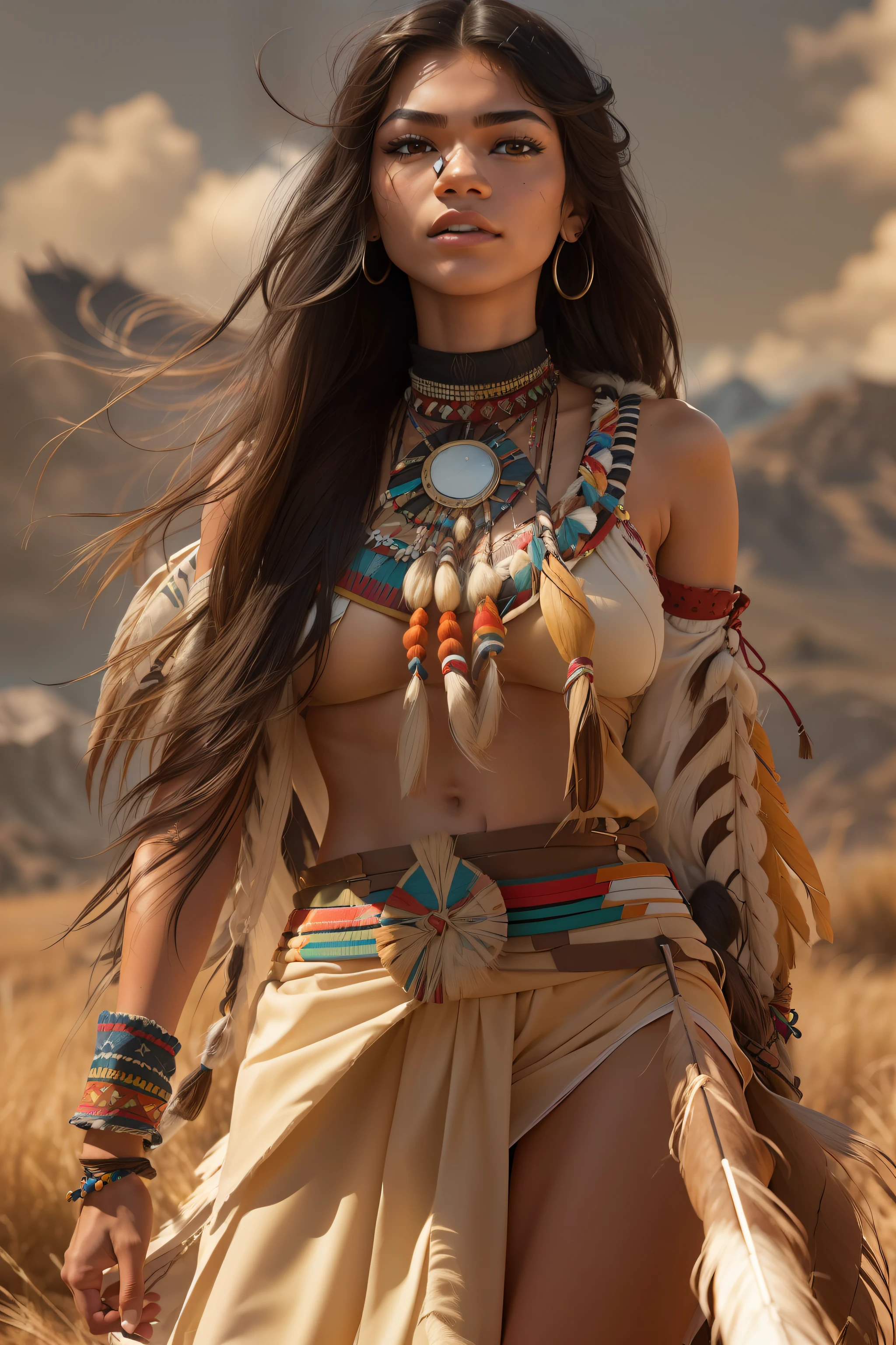 ((Zendaya est une femme amérindienne)), ((qui porte des vêtements typiquement indiens)), (Elle parcourt la prairie avec une lance à la main), ((femme mince)), (petite tête), ((texture naturelle de la peau)), ((elle a des seins petits et ronds)), ((Visage expressif et détaillé)), (photoréaliste), (tracé laser), (netteté), ((tout le corps entier)), ((((Jupe venteuse)))), (((fesses rondes))), ((cul serré)), ((les fesses sont au point))