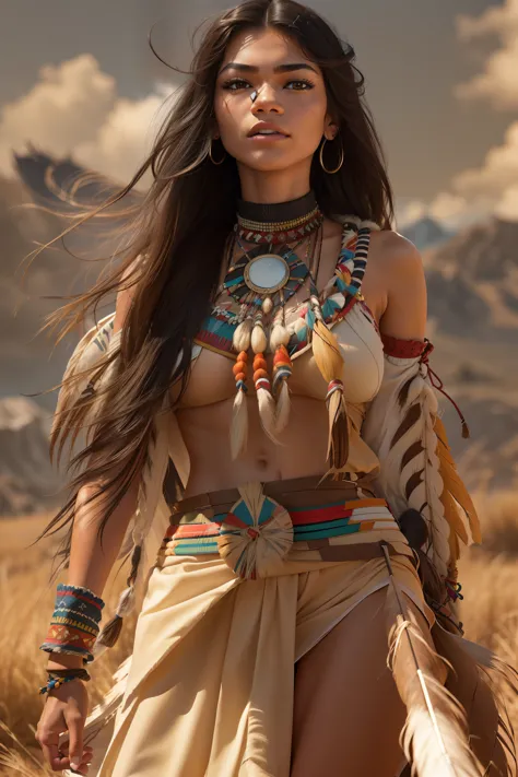 ((Zendaya is a Native American woman)), ((who wears typical Indian clothes)), (She walks the prairie with a spear in her hand), ...