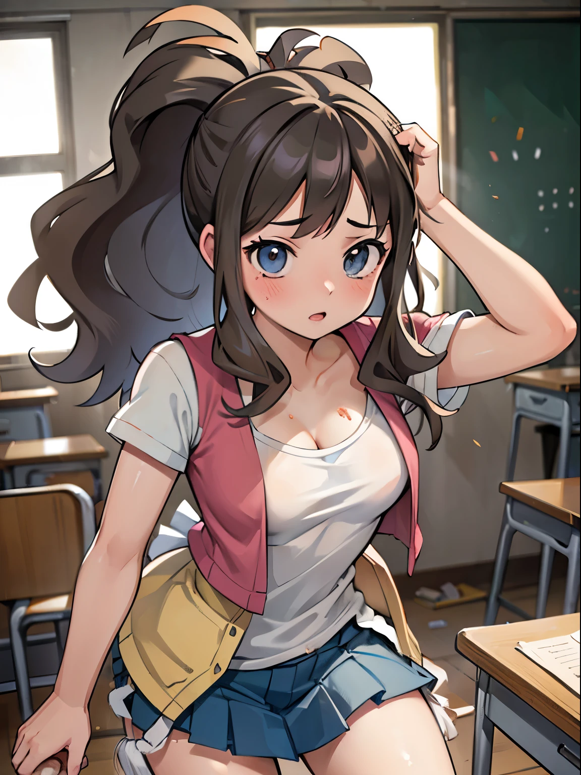 Anime girl with ponytail hair and blue eyes in a classroom - SeaArt AI