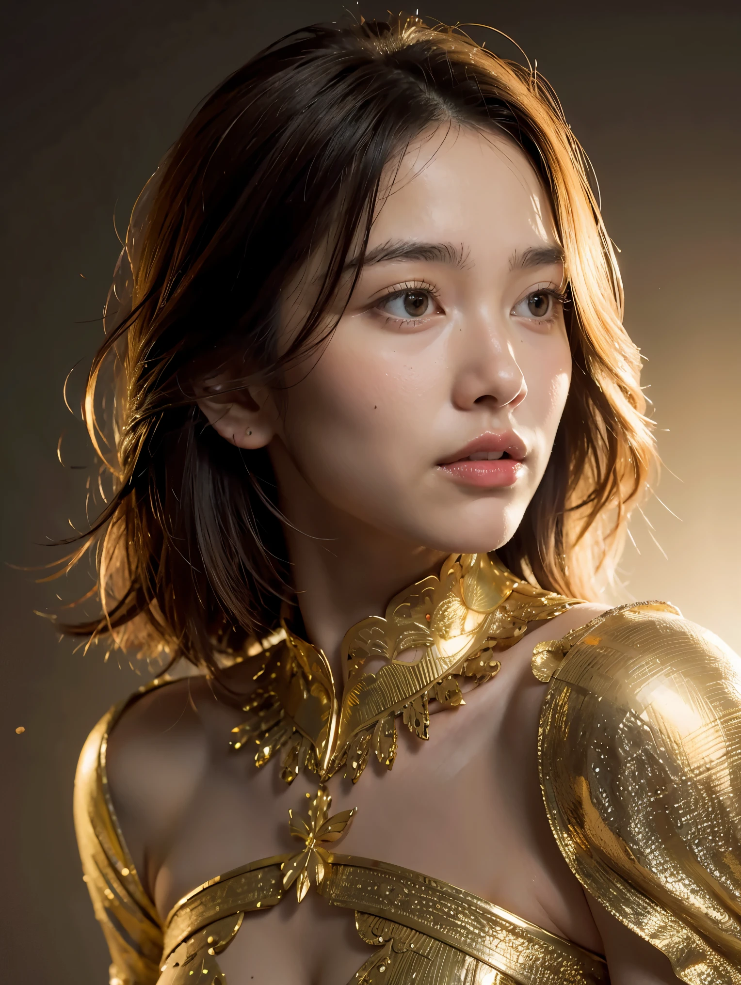 Portrait of a beautiful cyborg with 8k brown hair, intricate, elegant, highly detailed, majestic, digital photography, art by artgerm and Ruan Jia and Greg Rutkowski, surreal painting, golden butterfly filigree, broken glass, (masterpiece, side light, delicate beautiful eyes: 1.2), Human Development Report