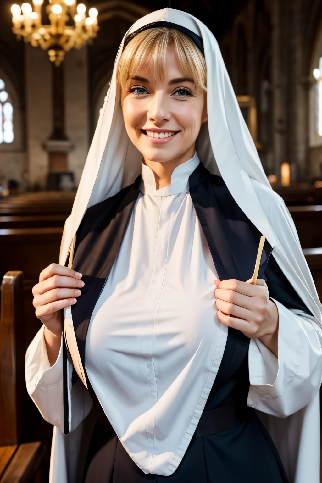 Woman in nun costume holding a stick in a church - SeaArt AI