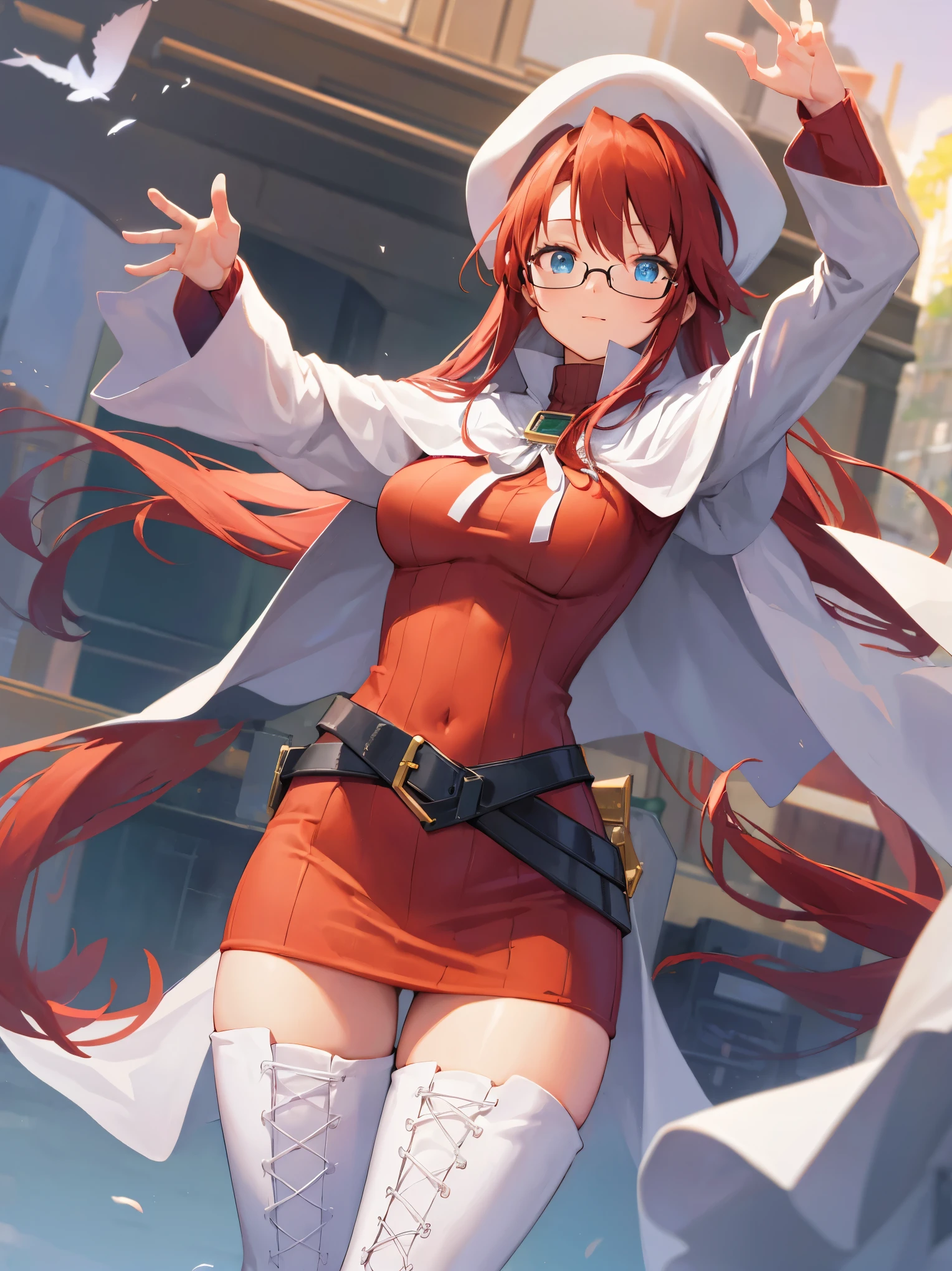 summonnightaty, aty, long hair, blue eyes, red hair, beret, hat, glasses,
BREAK long hair, thighhighs, hat, dress, boots, glasses, belt, cape, sweater, zettai ryouiki, beret, thigh boots, white footwear, ribbed sweater, loose belt,solo,
BREAK outdoors, fantasy,on_a_ship,
BREAK (masterpiece:1.2), best quality, high resolution, unity 8k wallpaper, (illustration:0.8), (beautiful detailed eyes:1.6), extremely detailed face, perfect lighting, extremely detailed CG, (perfect hands, perfect anatomy),covered_nipples,covered_navel,light_smile ,(half_eyes:1.4),sword,armpit,sleepy,dynamic_standing,barrel,red_sweater,apart_legs,magical_effect,pulmp,big_tits,