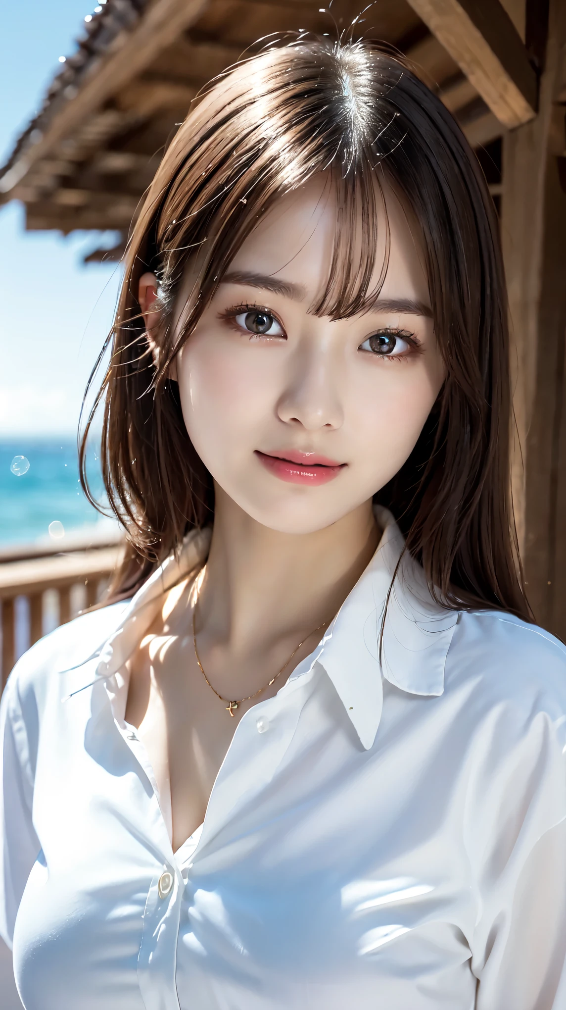 Oversized white collared shirt、Naked except for a shirt、full body shot、Complex and beautiful eyes、woman、womanらしい髪型、Natural color lip、Big Breasts、valley、bold and sexy pose、smile、Ocean、((18歳woman:1.2))、Young adorable Japanese face, Official Art，Highly detailed CG Unity 8k wallpaper, (masterpiece:1.0),(highest quality:1.0), photo shoot, 8K, nsfw, High resolution, Kodak Portrait 400, Film Grain, Lens Flare Glow,View Viewer