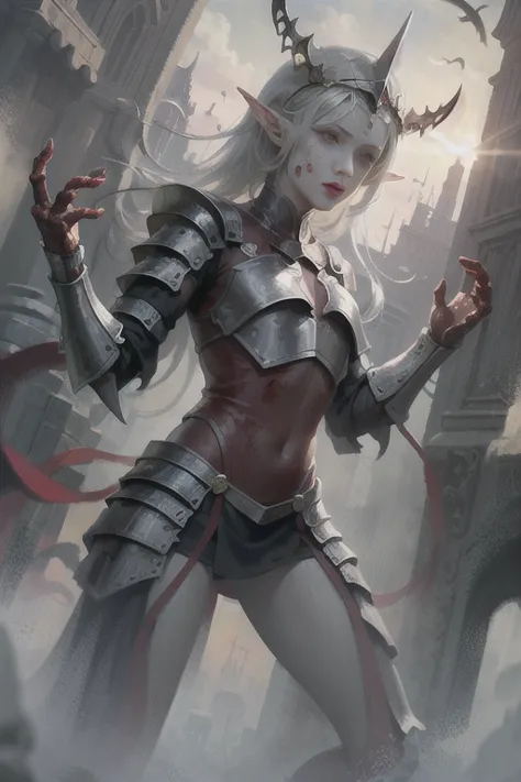 grey skin, blood soaked, elf, rare, cursed maiden, cursed armor, beautiful woman, long silver hair, red glowing eyes, grey skin,...