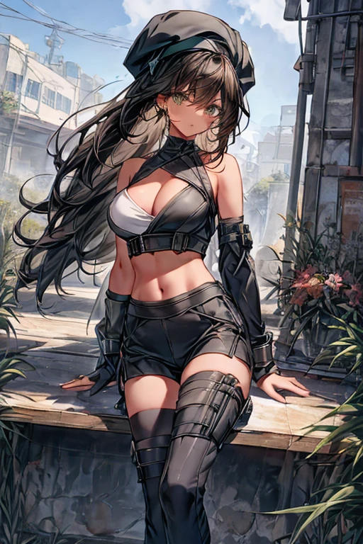 ubel,dark green hair,long hair,side ponytail,hair between eyes,bangs, BREAK (beret, black jacket, open clothes, cleavage, midriff, black shorts, black thighhighs, thigh strap, fingerless gloves, single glove:1.2), Photo,sharpness, F1.6 lens,hyper-realistic textures,spectacular light textures, Cinestil 800 Fashion Mechanics,(((Beautiful woman with left leg restrained and hung by chains))),Appearance,Beautiful girl with accentuated slender abs: 1.1,six-pack abs: 1.1, Bust Botox,Standing on tiptoe, long legs,Long brown hair fluttering in the wind,Brown hair, Long hair, Female Warrior Costume,(No panties,No bra),(tacticul battle fashion,elbow and knee tacticul battle fashion, battle glove: 1.1),((cute batre costume)),The belly comes out and the navel is visible,Thin sheer costume, combat gloves,shredded costumes,cyber long combat boots with golden knee pads,Anatomical,(futuristic sci-fi battle fashion, new elbow and knee cyberpads, new cyberlong boots, new cybergloves: 1.1),(tied perfectly by iron chain), Restraint, Slave, collars, contempt, (Chained), 4 chains hung from heaven, Metallic shackles and fetters, wet crotch clearly visible,((Hands are restrained above the head)), the neck is chained,Chain from left knee to heaven,Chained by rusty iron chains,((the tip is protruding, areolas protruding,The shape of the pubic area is clearly visible:1.2)),Sweating,Wet,Wet crotch,Wet thighs,Junkyard, Realistic, (cute, perfect clothes, skimpy clothes, cute: 1.3) ,Vast miritary base in us,((wide mirtary hospital with summer sunlight)), peeling ceilings, Rebar between, Realistic material details, Extreme details, Ultra-realistic materials,narrow waist,(with sparkling eyes and a contagious smile:0.9),looking at viewer,
