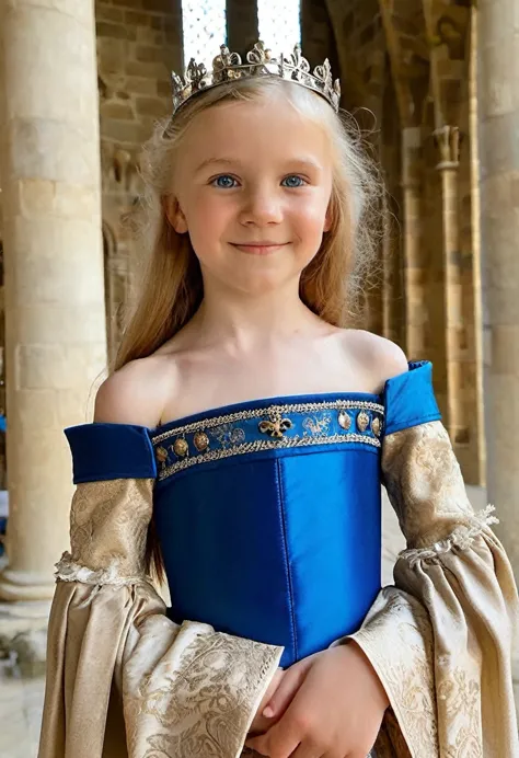 Phone photo, natural look of 9 years old girl, wearing ((medieval strapless dress)), (((arms behind head))), arms up, armpits, n...