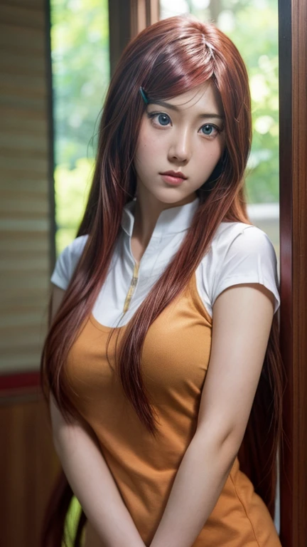 Real life adaption of this character,Asian teen beauty , realistic same hair, realistic outfit, realistic light, realistic shadow, hyper realistic, realism, realistic background,(photorealistic:1.2),brown color.
Kushina / Kushina Uzumaki (Kushina Uzumaki) / [Naruto: Shippuden,1girl ,red hair ,best quality ,ultra Higd ,detail realistic ,HDR pro