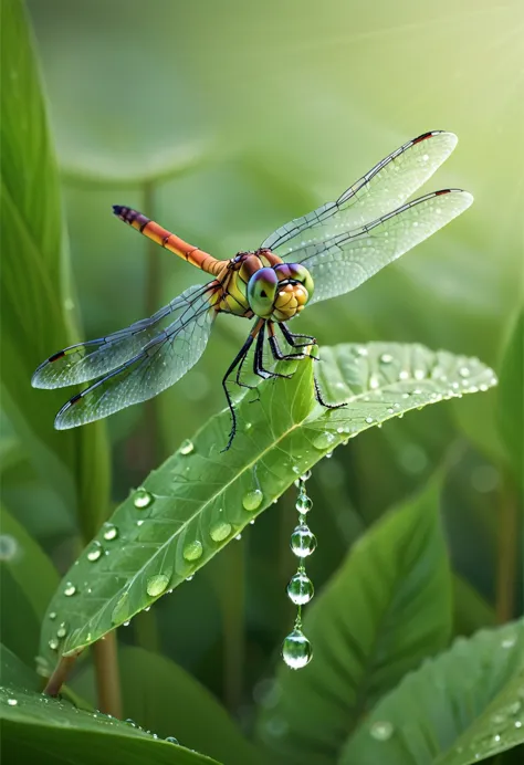 Full body photo of a dragonfly sitting on a leaf, dew drops, soft raytrace, intricate details, crazy details, 8k, summer atmosph...