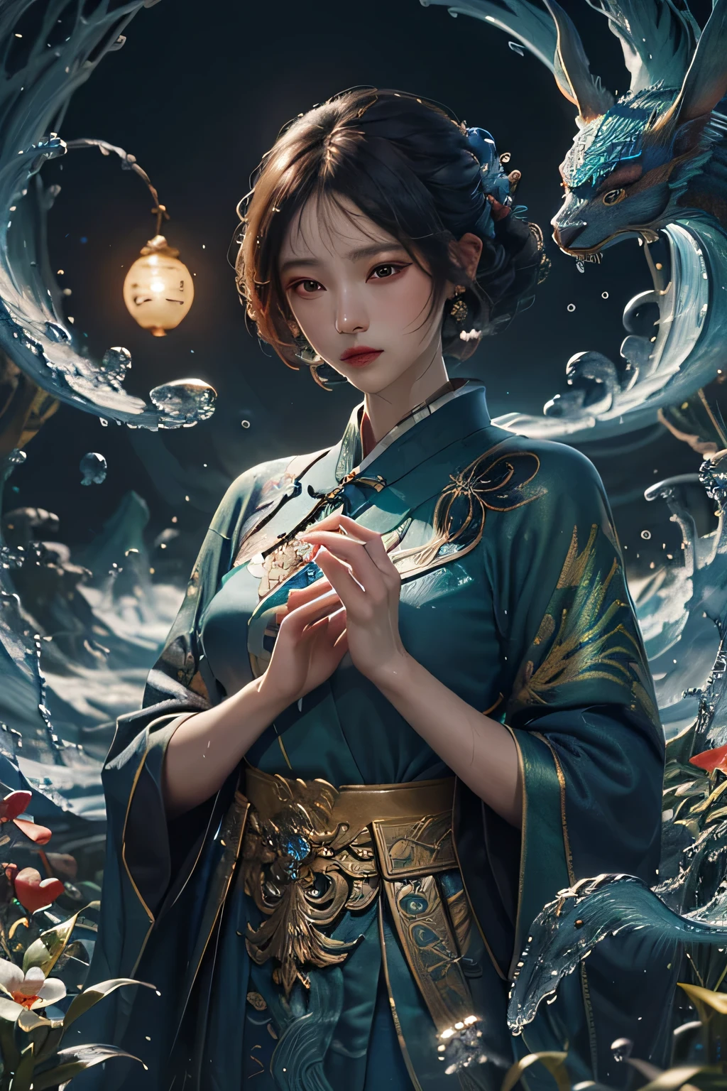 (absurdres, highres, ultra detailed)(masterpiece), (extremely intricate:1.3), (realistic),Cinematic Lighting,4k,(masterpiece),Dreamy,cinematic,Ukiyoe,((action lens,atmospheric,((Cloisonne,Gardens,xxTemplexx))))
1girl,solo male,hanfu,chinese clothes,blue dress,long dress,gonggongshi, water,Cast magic, cast water magic,water ball on the hand,Mythical beasts,upper body
 Beautiful hands, perfect hands, nails