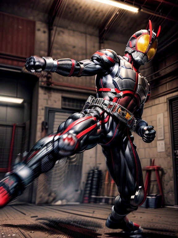 #quality(8k wallpaper of extremely detailed CG unit, ​masterpiece, hight resolution, top-quality, top-quality real texture skin,hyper realisitic, digitial painting,increase the resolution,RAW photosbest qualtiy,highly detailed,the wallpaper),solo,#1boy,(mature male,muscular,Faiz\(kamen rider 555\),black footwear,yellow eyes,black bodysuit,rider belt,gloves,helmet,armor,antennae,bodysuit,fighting stance,action pose,jumping kick:2.0,motion lines,motion blur on leg:1.6,red rays on foot),#background(big garage,inside)