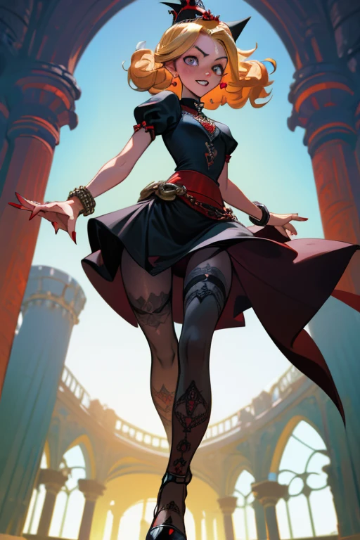 cute girl, blonde with curly hair, rebellious hairstyle, green right eye, blue left eye, upturned nose, freckles on her face, prominent front teeth, flat chest, medium hips, small pert butt, red painted nails, bracelets, crown  with red jewelry, black princess dress, gothic style, intricate embroidery, black embroidered tights, black mid-heeled shoes, villain authority, detailed outfit, emerging as a boss in a royal hall, 2.5D ecchi anime, very sensual, wide front view, HD8K quality