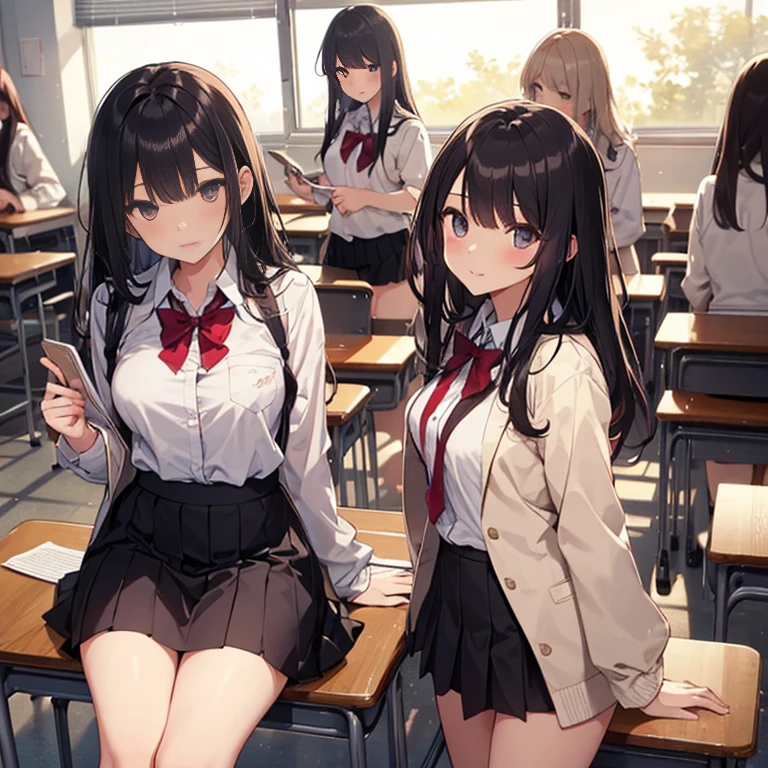 A group of female students, (in classroom), various hair styles, harem , night, details face, , short skirt, seducing, night, starry nights, school attires 