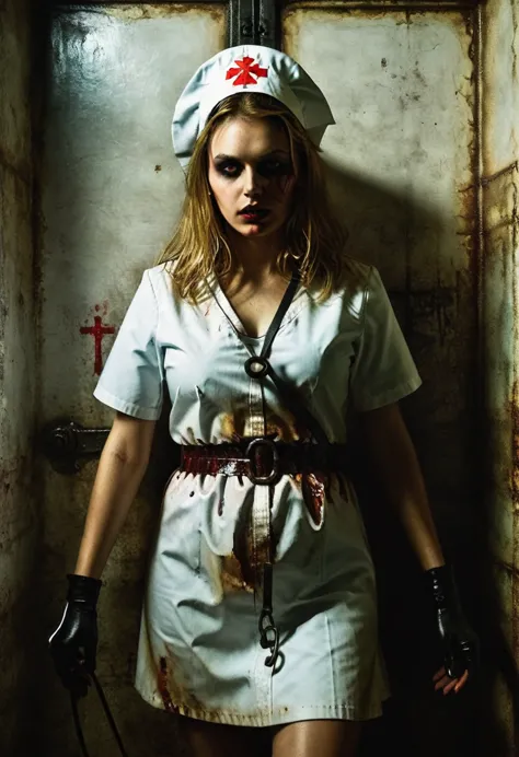 Silent Hill Satanic young demonic creepy nurse girl locked in a dark and dirty cell, full body, horror, thick strokes, impasto, ...